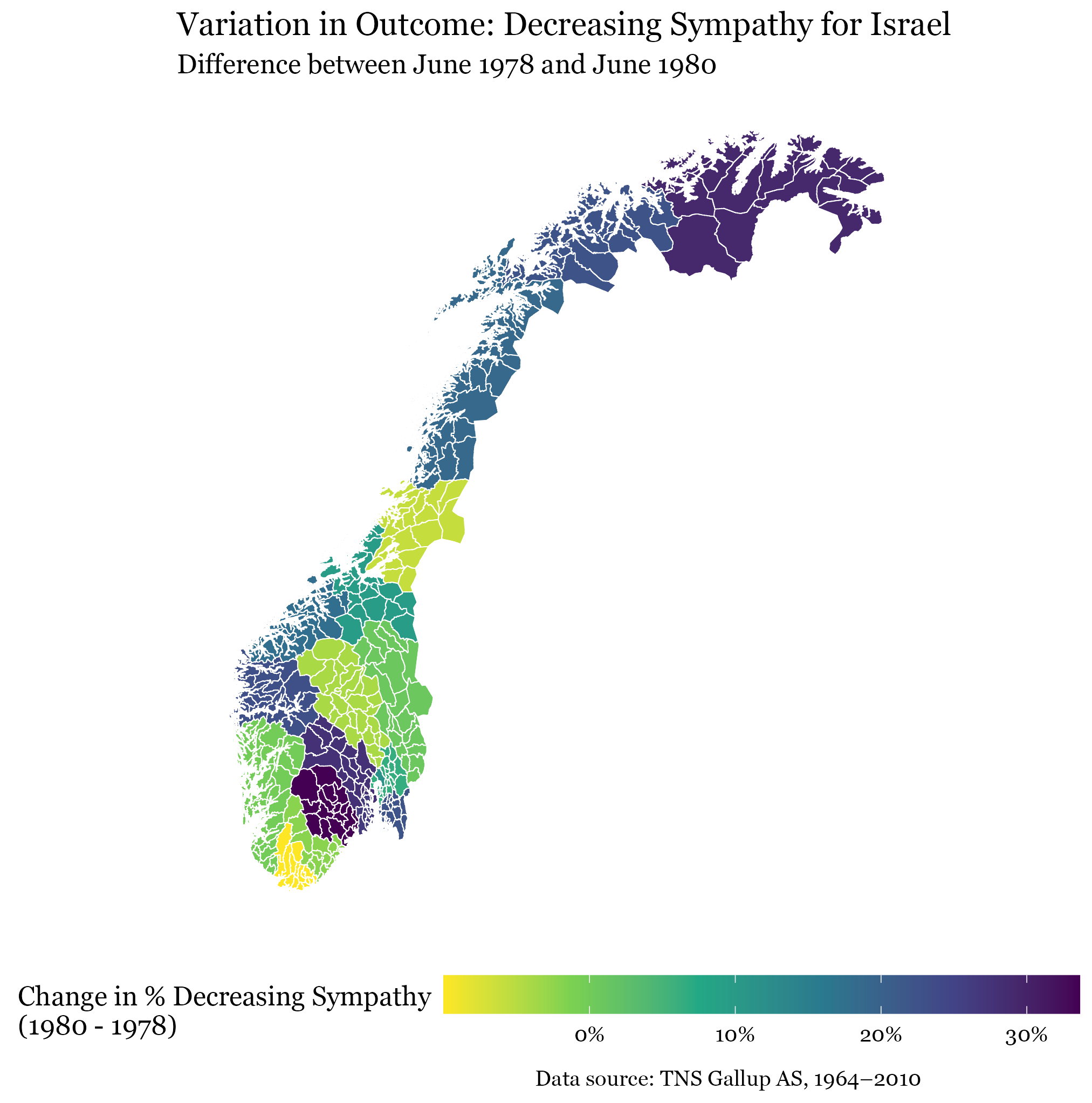 Map of Norway showing the change in sympathy for Israel